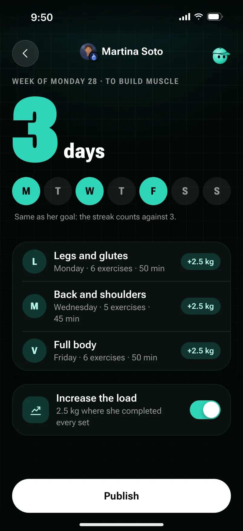Building Martina’s week: three days, Monday, Wednesday and Friday, each with its exercises, and the Publish button.