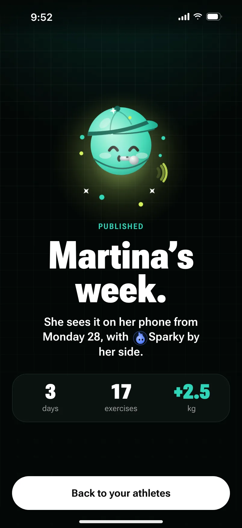 Martina’s week, published: she sees it on her phone from Monday 28, with Sparky by her side; 3 days, 17 exercises and 2.5 kilograms more. Coach celebrates above.