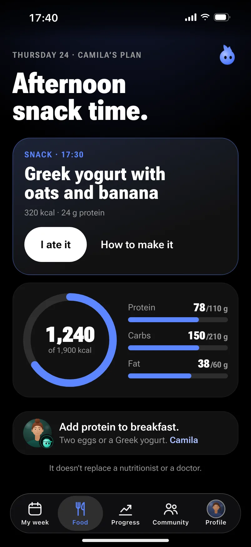 Food: afternoon snack time, Greek yogurt with oats and banana, from Camila’s plan; the day so far, 1,240 of 1,900 kcal, and her tip.