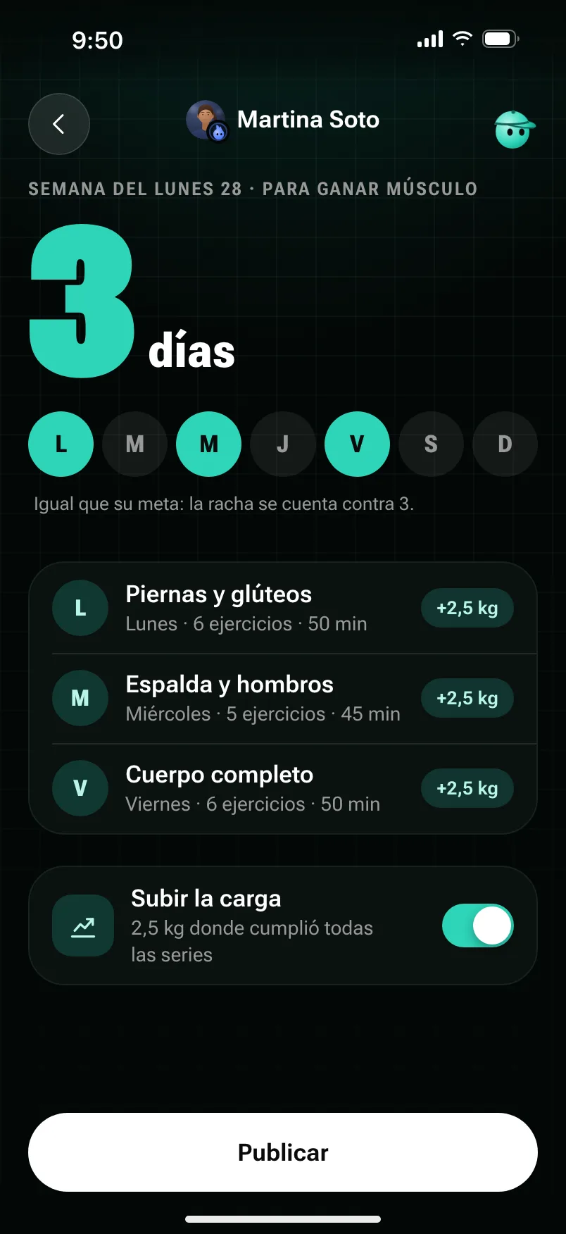 Armar la semana de Martina: tres días, lunes, miércoles y viernes, cada uno con sus ejercicios, y el botón Publicar.