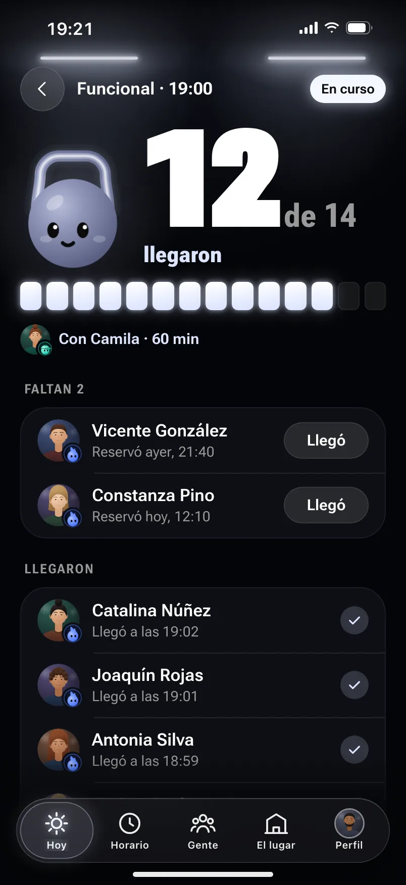 Pasar lista en la funcional de las 19:00, en curso con Camila: llegaron 12 de 14; faltan 2, cada uno con el botón Llegó, y abajo quienes llegaron, con su hora. Jimmy, al lado del número.