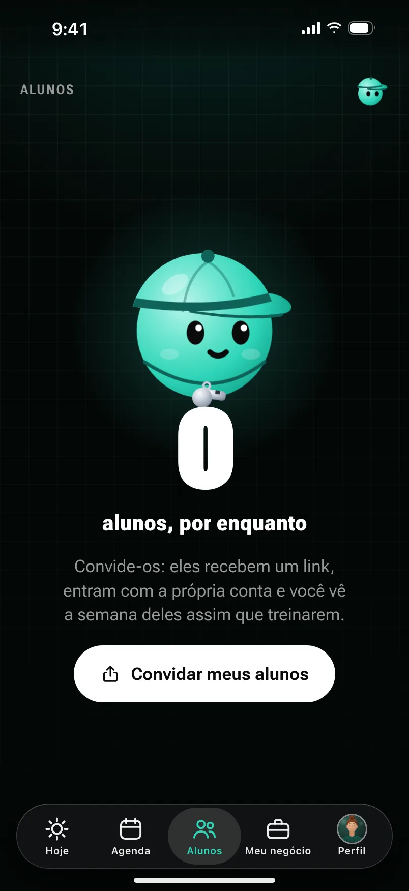 A primeira vez de um coach: “0 alunos, por enquanto”, com uma linha que diz que cada aluno recebe um link e o botão Convidar meus alunos.