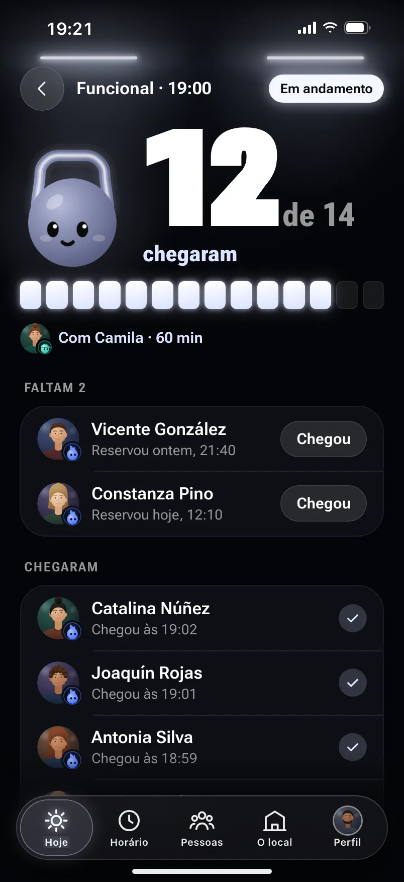 A chamada da aula funcional das 19:00, em andamento com a Camila: chegaram 12 de 14; faltam 2, cada um com o botão Chegou, e embaixo quem chegou, com o horário. O Jimmy, ao lado do número.